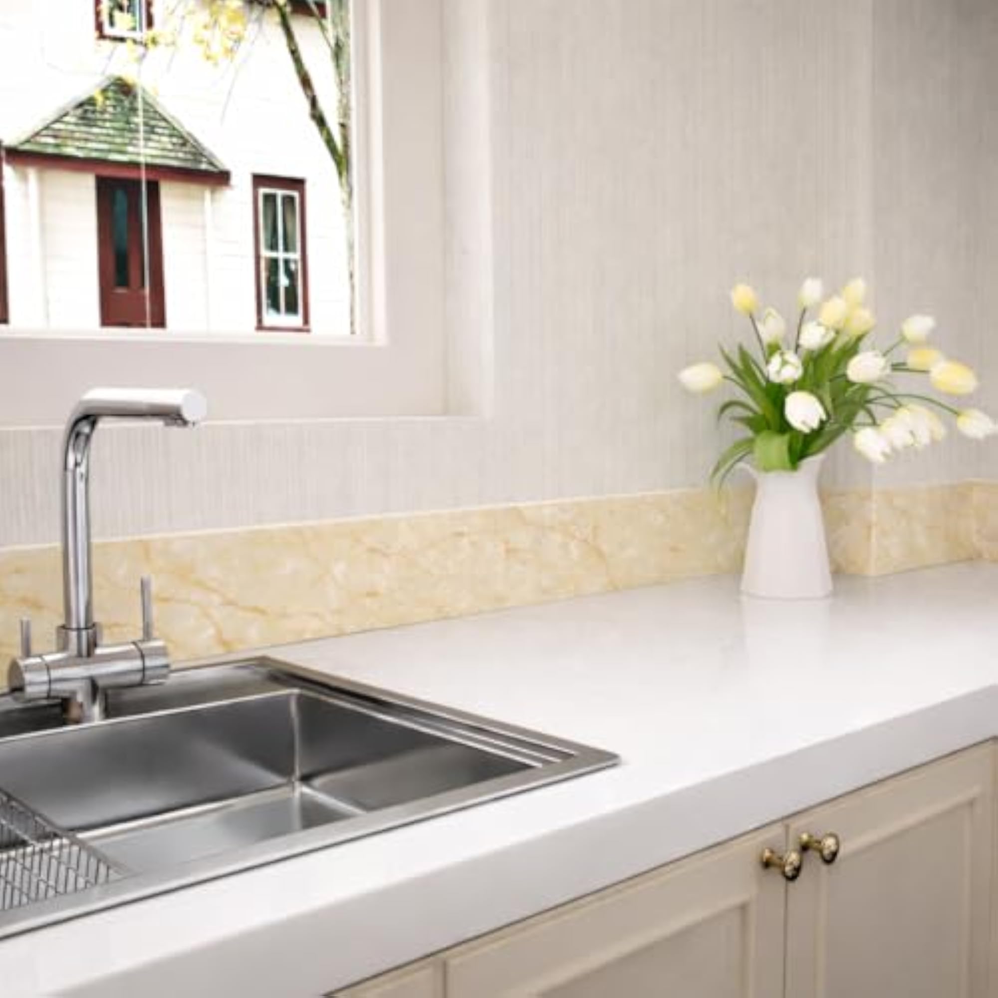 Cream Glossy Marble Peel & Stick Border Wallpaper, Waterproof