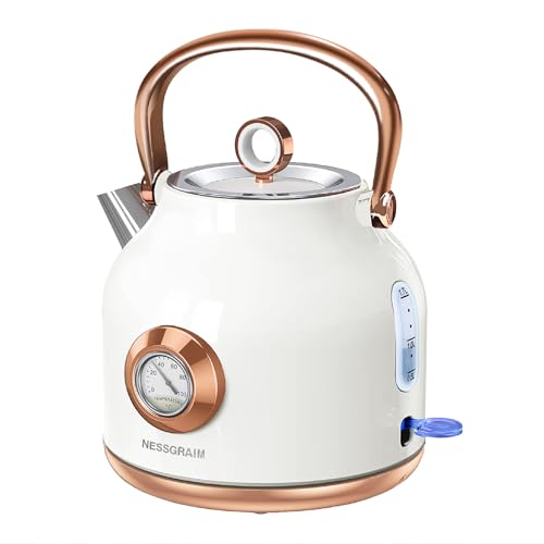 Retro Electric Kettle 1.7L Stainless Steel Tea Kettle with Large Temperature Gauge 2200W Fast Heating Hot Water Boiler with LED Indicator Auto Shut-off & Boil-Dry Protection-Retro (white)