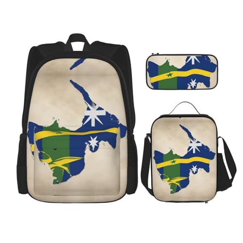 Solomon Islands Flag Map02 Print 3 Piece Set Backpack, Lunch Bag, Pencil Case, Cute Sturdy For College And Travel