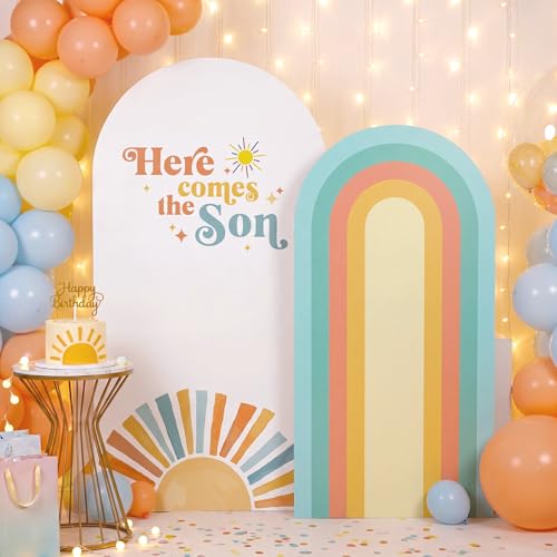 Mindsoft 2 Set Here Comes the Son Arch Backdrop Cover 7.2ft 6.6ft Boho Sun Rainbow Arched Baby Shower Cover Stretchy Background Wall Decor for Baby Shower Boy Gender Reveal 1st Birthday Sunshine Party