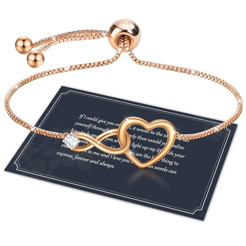 Infinity Sterling Silver S925 Bracelet for Women - Crystal Slider With Zircon, Adjustable Heart Design - Gift in Silver, Rosegold, Gold