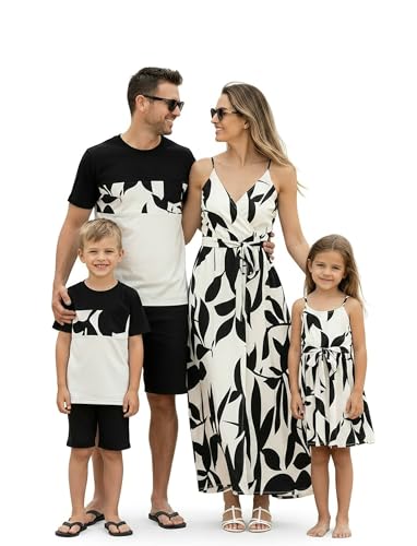 Image of PATPAT Family Matching Outfits Mommy and Me Dresses Hawaiian Tropical Vacation Beach Spaghetti Strap Dress and Shirt