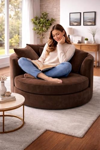 Image of SOFALIZE - Modern Barrel Accent with Pillows Round Sofa Modern Combines Contemporary Design Oversize Arm Chair Cozy Club Chair for Bedroom, Living Room, Lounge, Hotel & Office Hallways Sofa (Brown)