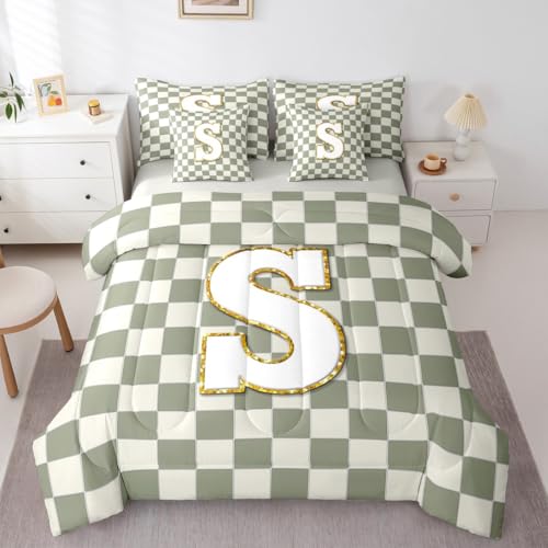 Image of Erosebridal Sage Green Checkered Full Comforter Set with Sheets 7 Piece Plaid Initial S Bed in A Bag Personalized Monogram Bedding Sets for Kids Adults,Fashion Grids Gingham Bed Set