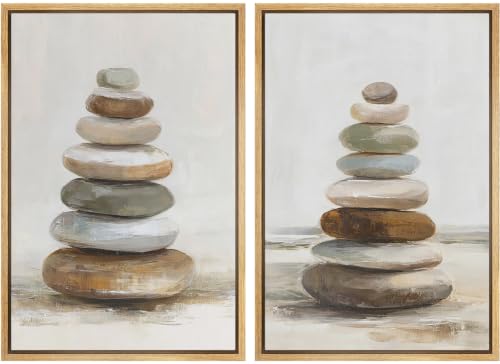SIGNLEADER Framed Canvas Print Wall Art Set Zen Stacked Balance Stones Illustrations Minimal Decorative for Living Room, Bedroom, Office - 16"x24"x2 NATURAL