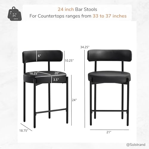 Butacos Solstrand de altura para barra, 24 pulgadas, cuero sintético negro, marco metálico negro, cojín grueso de 3,5 pulgadas, respaldo curvo, capacidad de 350 libras, para isla de cocina de 35"–39" miniatura 2