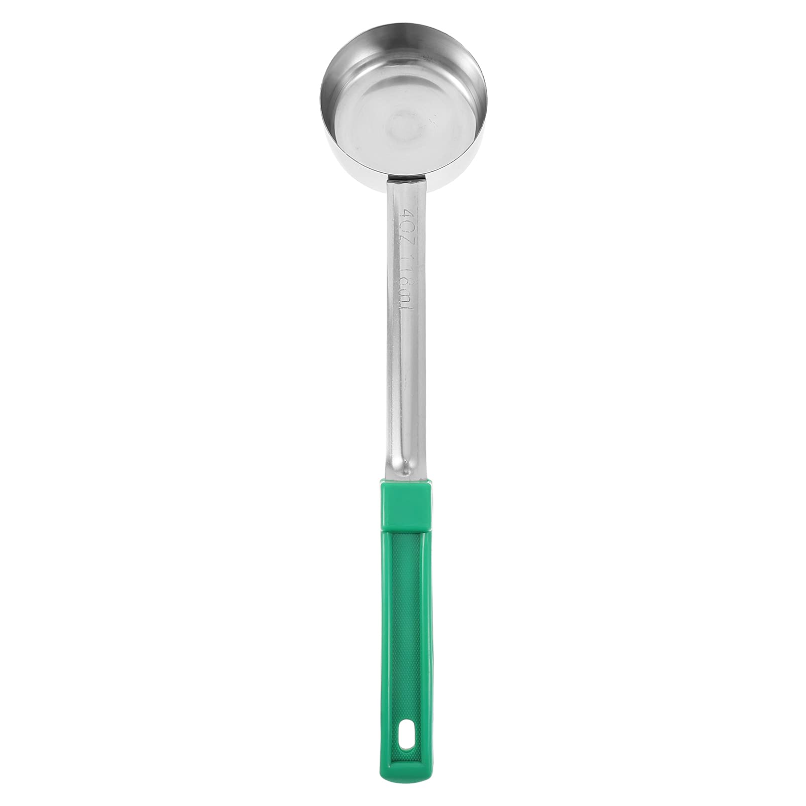 Long Handle Portion Control Serving Spoon with Pour Spout, Stainless Steel and Plastic, 4 Oz, Green, Ideal for Home, Restaurant, and Buffet Use