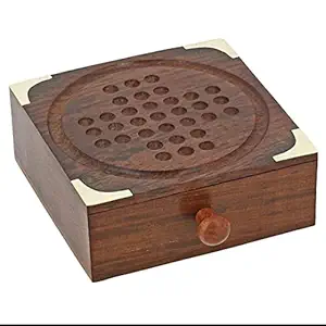 Nagina Wood Carving Works Handmade Wooden Solitaire Board Game with Storage Drawer with 34 Steel Balls