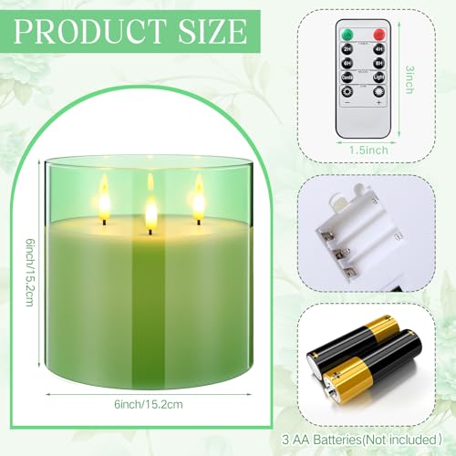 Image of Retisee 6'' x 6'' Extra Large Flameless Candles, 3 Wick Glass Large Fall Candles with Remote Control and Timer Function, Real Wax LED Pillar Flickering for Autumn Party Decor(Classic,Green,1 Pcs)