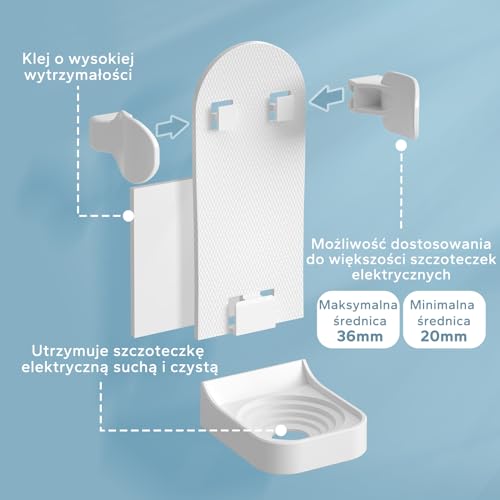 Elektryczny Uchwyt na Szczoteczkę do Zębów, HOMMAND 4 Szt. Mocny Samoprzylepny Uchwyt na Szczoteczki Elektryczne, Regulowany Stojak Organizer na Szczoteczki do Zębów Naścienny do łazienki, Biały