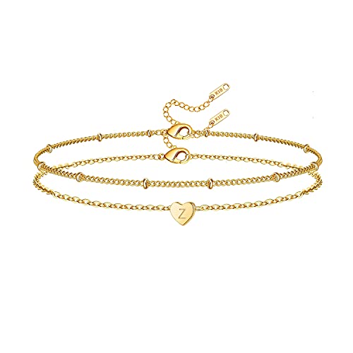 Glimmerst Heart Initial Bracelet for Women 18k Gold Plated Stainless Steel Beaded Chain Layered Letter Bracelet Personalized Name Bracelet