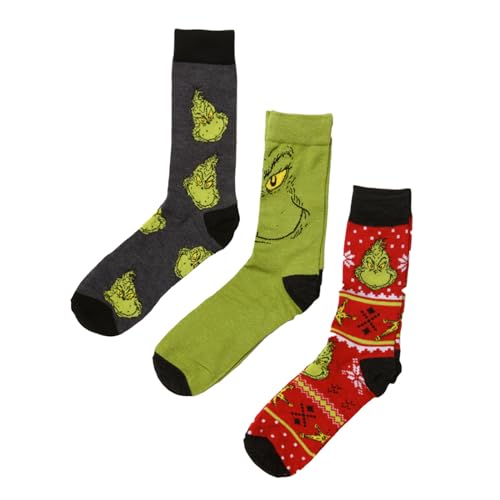Bioworld Grinch Christmas Adult Crew Socks (Size 8-12, Three Pairs)