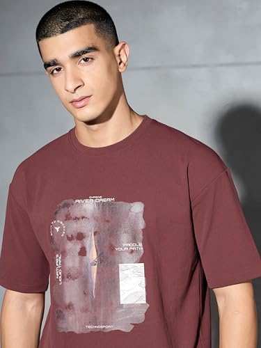 Image of TECHNOSPORT Men's Oversized Fit Half Sleeve Crew Neck T-Shirt, ELASTO Plus Quick Dry Moisture Wicking Stretchable Sports Gym and Casual Wear