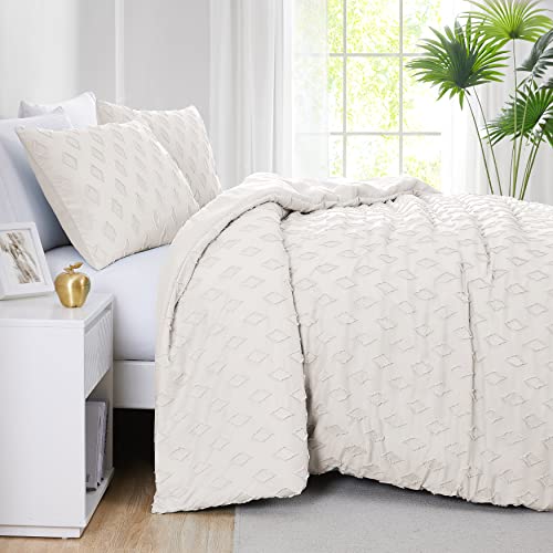 Southshore Fine Living, Inc. Clipped Jacquard Textured Twin Boho Duvet Cover Bedding Set – 2-Piece Twin XL Tufted Duvet Cover with Zipper Closure, Corner Ties, and One Matching Sham, Delta Bone