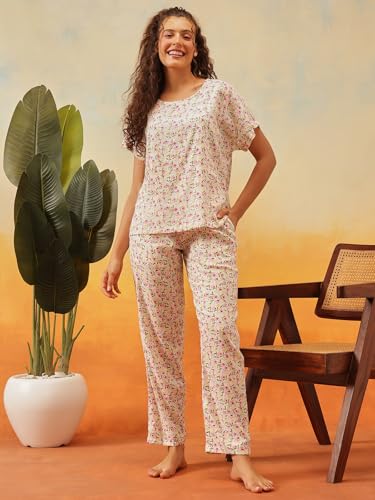 Image of Clovia Women's Floral Print T-Shirt & Pyjama Korean Night Suit for Girls | Rayon Korean Night Dress Set | Comfortable Multicolor Sleepwear