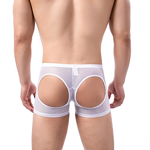 Evankin Mens Sexy Mesh Boxer Briefs Low Rise Underwear Breathable Hollowed Out Boxers Assless(White,L)