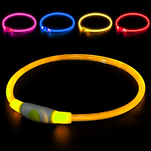 AUAUY LED Leuchthalsband Hund, USB Aufladbar Längenverstellbarer Haustier Sicherheit Kragen Zuschneidbares Wasserdicht Leuchthalsband für Hunde und Katzen, 3 Modus (Gelb)