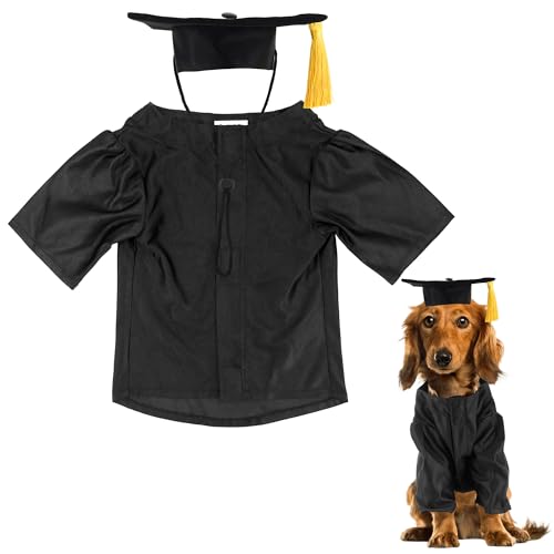 GraduatePro Dog Graduation Cap and Gown Costume Set - Adjustable Knit Fabric with Gold Tassel, 4 Sizes (S/M/L/XL) for Small Dogs & Cats to Medium Dogs, Washable Formal Pet Graduation Attire (Black)