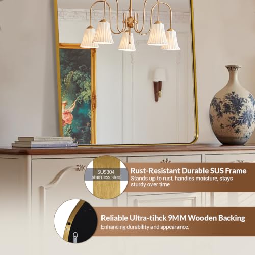Image of ANDY STAR Arched Mirror, 36 x 48 Inch Brushed Gold Wall Mirror in Stainless Steel Metal Frame, Arch Top Rounded Corner 1 Inch Deep Set Design Wall Mount Hangs Vertical