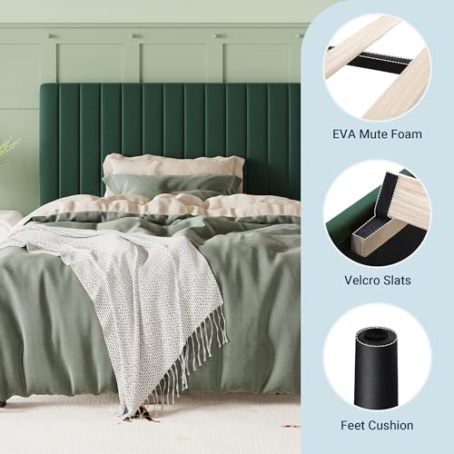 Image of Allewie Twin Bed Frame, Velvet Upholstered Platform Bed with Adjustable Vertical Channel Tufted Headboard, Mattress Foundation with Strong Wooden Slats, Box Spring Optional, Easy Assembly, Green