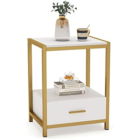 Tribesigns 25 inch Tall Gold Nightstands with Drawers and Storage Shelf, Modern Bedside Table End Table Side Table for Bedroom, Living Room (1 pc, Gold and White) Cover