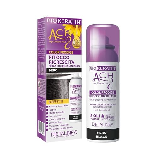 Dietalinea® Biokeratin Ritocco Ricrescita Capelli | Spray Colore per Capelli NERO | Copertura Temporanea dei Capelli Bianchi | Non Macchia | 75ml