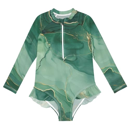 ALAZA Swimsuit for Girls Long Sleeve Rashguard Bathing Suit Marble Green Gold Quick Dry 4T