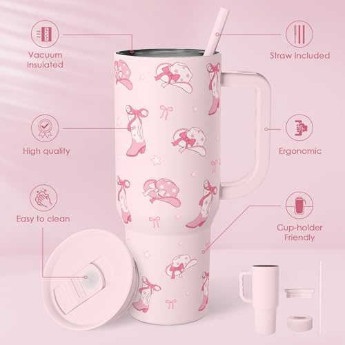 Image of SANDJEST Cowgirl 40oz Slider Tumbler with Handle and Straw - Insulated Stainless Steel Travel Coffee Mug for Women Girls, Gift for Birthday, Christmas