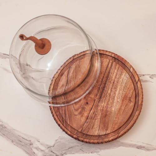 Image of Dessert Deck acacia Wood Cake Stand with Glass Dome | Round Wooden Cake Stand | Serving Plate for Wedding Birthday Parties | Pastry Display