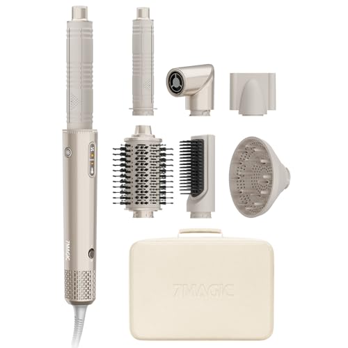 7MAGIC 7 in 1 Hairstyler Airstyler Ionen Föhn mit Diffusor Lockenstab Automatisch Warmluftbürste Glättbürste 110000 U/Min 1400W Zum Styling Volumisieren Locken und Glätten mit Reisebox