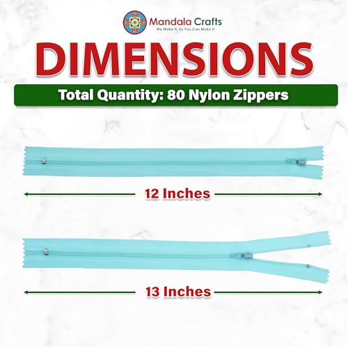 Image of Mandala Crafts 80 PCs Turquoise Closed-End 12 Inch Nylon Zippers for Sewing