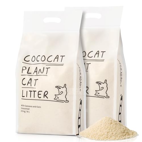 Cococat Arena para gatos de yuca, fuerte aglomeración, sin perfume para un excelente control de olores, sin polvo, fácil recogida, biodegradable (6 L x 2 paquetes)
