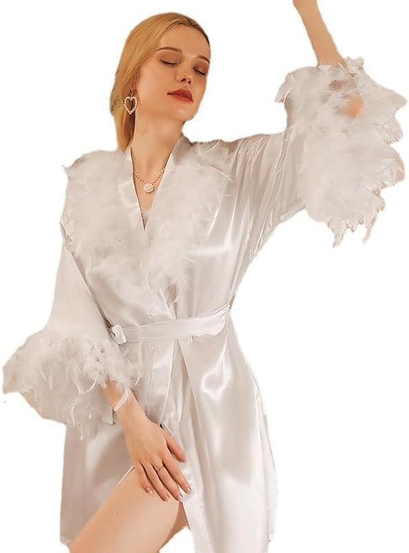 Women's Satin Robe with Feather Trim, White, Belted Wrap Style, Luxurious Sleepwear