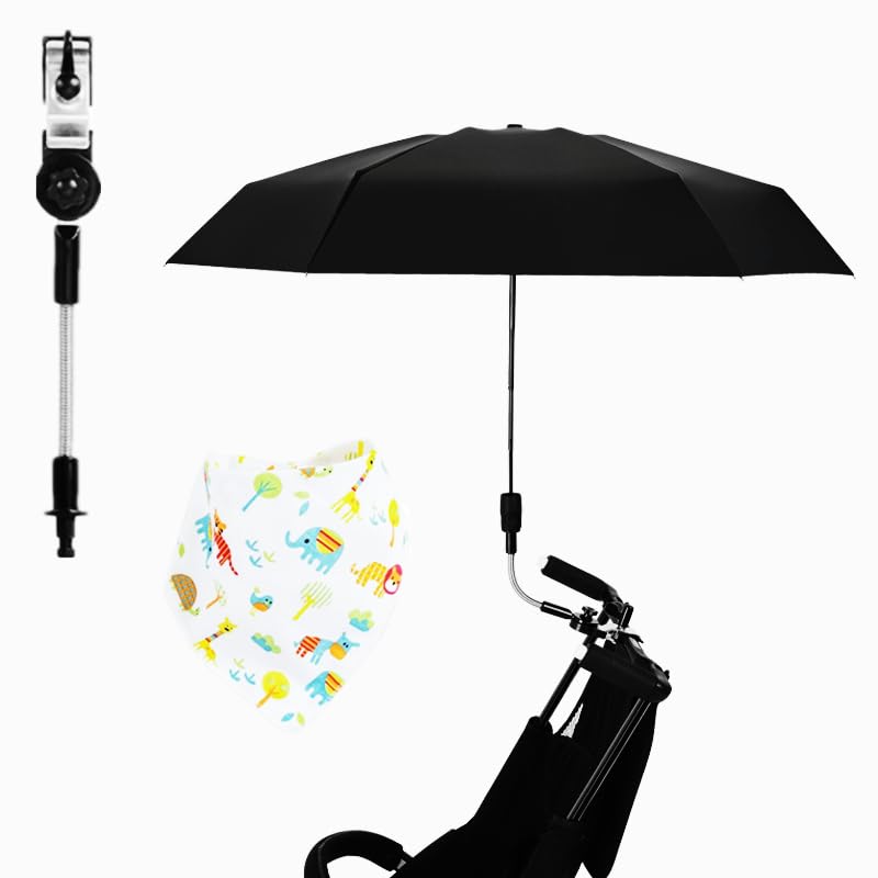 AzulLanse Sombrilla Carro Bebe Universal,Protección Solar para Bebés,Anti 50+ UV,Sombrilla Lluvia para Carrito,Diamétro 90 cm,con Ajustable 360° Manija de Paraguas,1 Babero de Bebé-Negro