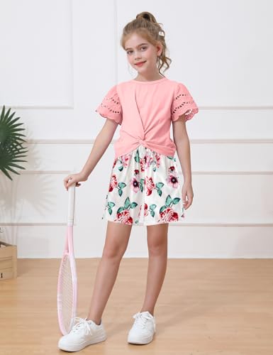 Image of mksodop Girls Clothes 2-Piece Teen Girls clothes Lace Hollow Short-Sleeved Twist T-Shirt And Floral Short Girl Summer Outfits