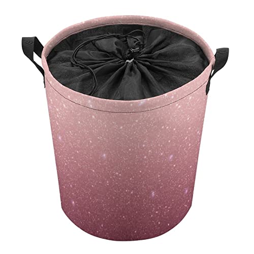 Rose Gold Glitter Laundry Basket Pink Bling Printed Laundry Hamper Collapsible Round Girls Dirty Clothes Hamper Toys Storage Basket With Drawstring For Kids Bedrooms Nursery #TOP2