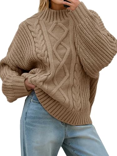 Saodimallsu Womens Oversized Cable Knit Sweaters 2026 Fall Winter Trendy Button Up Turtleneck Chunky Pullover Sweater Tops Khaki