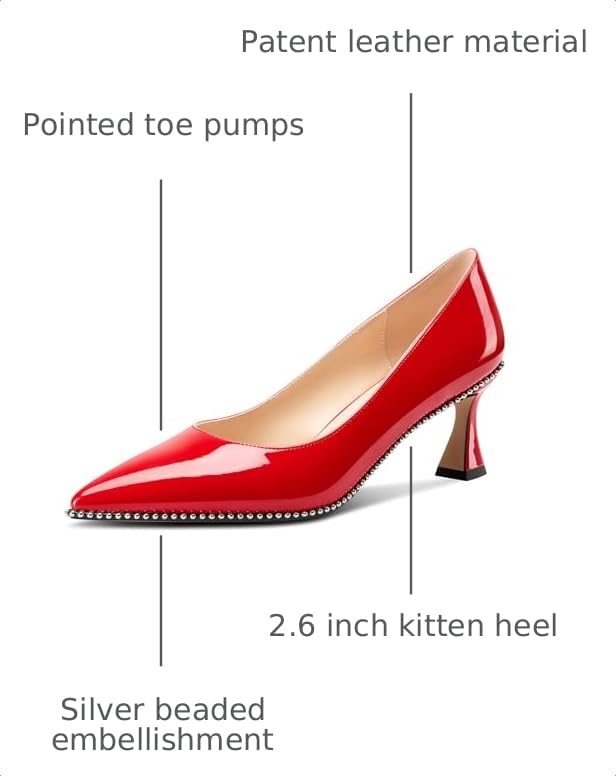 Image of TNYNFBEB Womens Kitten Heel Pointed Toe Pumps Slip-on Sliver Beaded Prom Wedding Dress Basic Classic Patent Leather Summer 2.6 Inches Heels