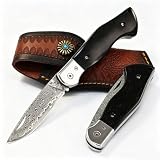 XEESHININ Damast Taschenmesser Klappmesser mit Holzgriff & Lederscheide