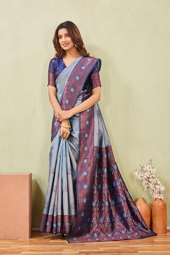 Image of Women's Banarasi Silk Saree with Rich Pallu, Jacquard Zari Weaving Work & Unstitched Blouse Piece, Traditional Ethnic for Wedding, Party & Festive Occasion