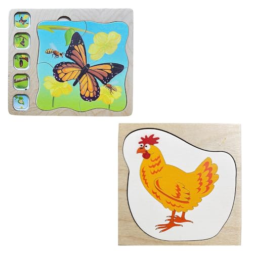 Image of Butterfly Life Cycle Puzzle for Kids, Wooden Puzzle with Layers Showing Butterfly Transformation, Ages 2+ | Hen Life Cycle Layering Puzzle Fun Layered Design | Combo Pack of 2