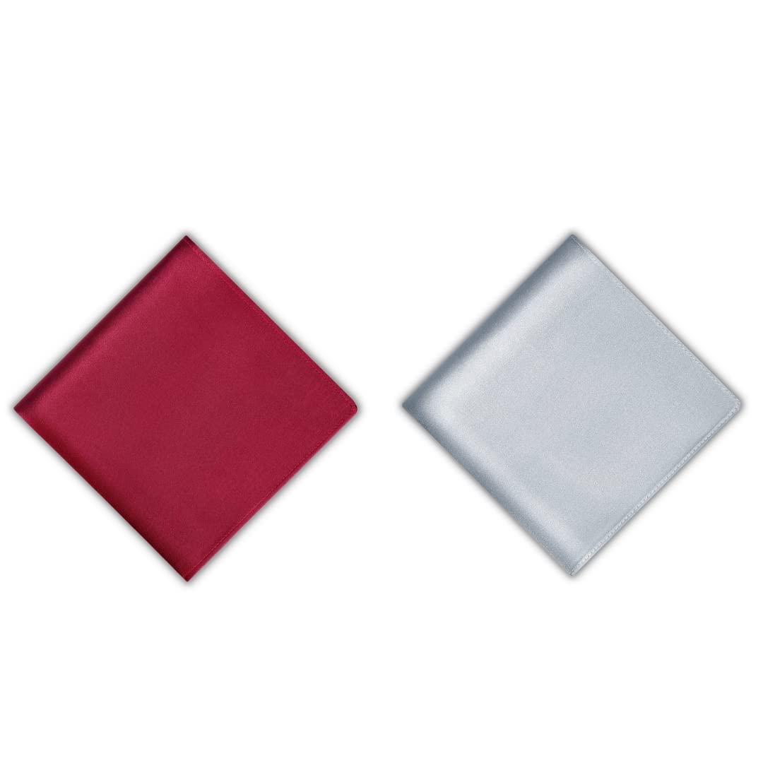 Satin Pocket Square for Men, Wedding Handkerchief for Suits, Blazers & Tuxedo, Men's Pocket Square Combo (Pack of 2) (Metallic Grey & Maroon)-image-37