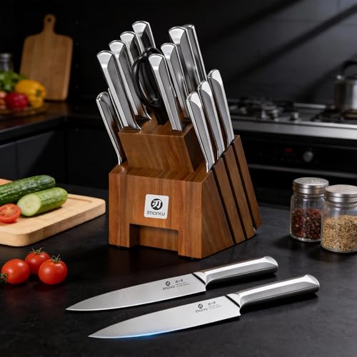 Image of imarku Knife Set, Kitchen Knife Set with Block & Sharpener, 16PCS Japanese High Carbon Stainless Steel Ultra Sharp Knife Block Set, Ergonomic Non-Slip Handle, Dishwasher Safe, Perfect Gifts