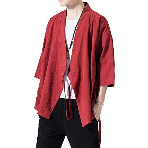 Image of PRIJOUHE Men's Kimono Jackets Cardigan Lightweight Casual Cotton Blends Linen Seven Sleeves Open Front Coat Outwear