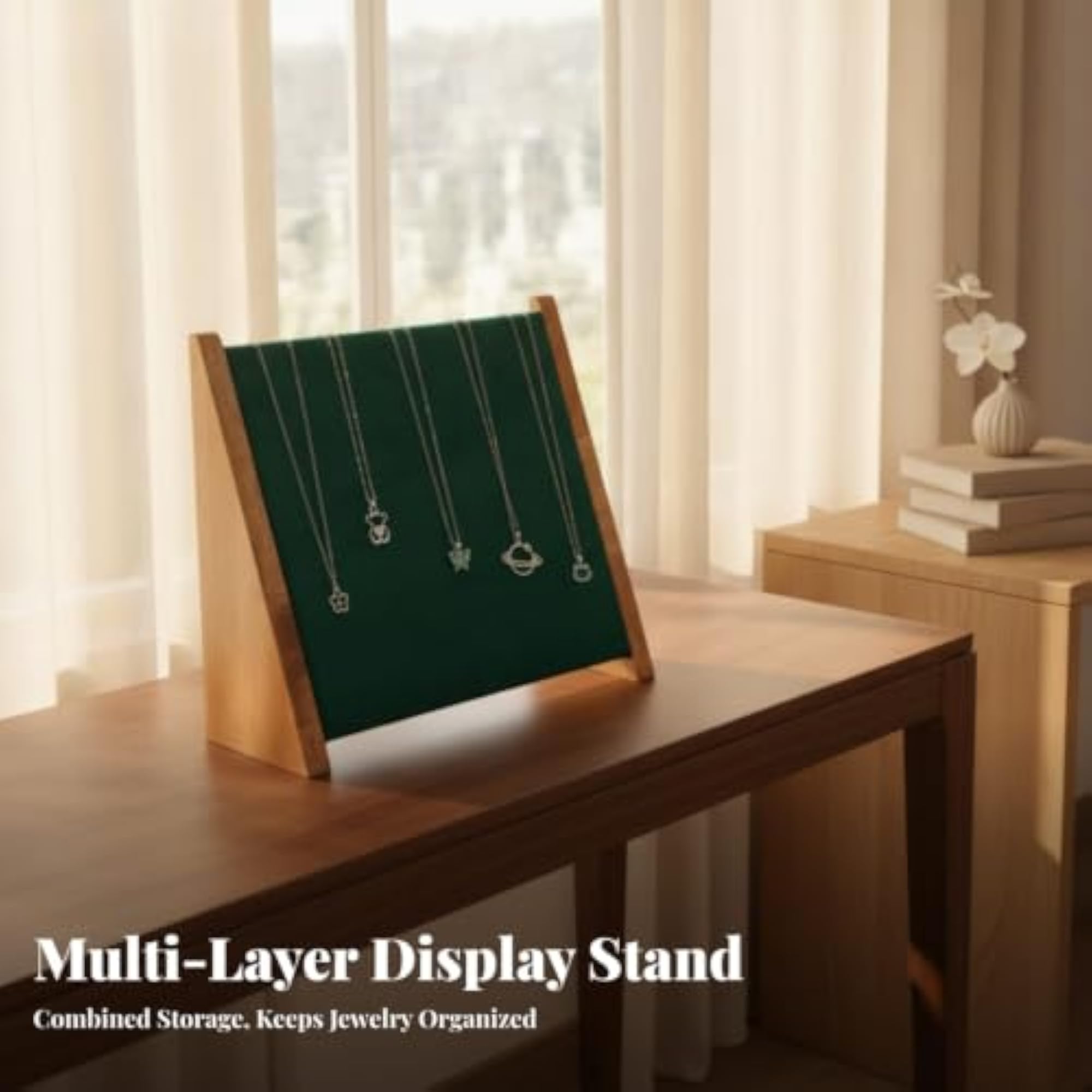 Slanted Design Necklace Display Stand, Wooden Support