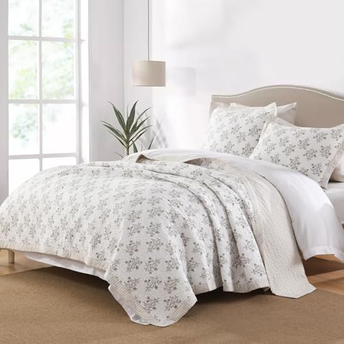 Image of 100% Cotton Quilt Set Queen Size, Queen Quilt, Floral Striped Reversible Botanical Quilted Bedspread Lightweight Comforter Bedding Set for Queen Bed, 3pcs, White /Light Camel /Gray