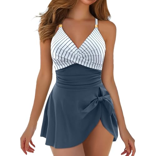 Generisch Traje de baño para mujer, para verano, piscina, deporte, modelado, de cintura alta, traje de baño de una pieza, con aspecto envolvente, cuello en V, corte de malla, con copas, Marine-f, M