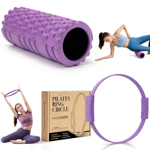 Foam Roller para masajes de tejido profundo, rodillo de ejercicio de alta densidad de 13 pulgadas + anillos de pilates Magic Circle de 14 pulgadas para tonificar los muslos internos color púrpura miniatura 1