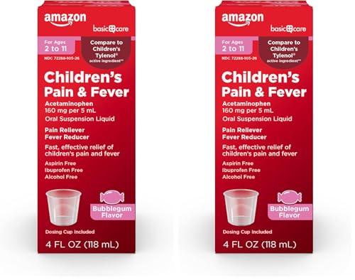 Image of Amazon Basic Care Children's Pain Reliever and Fever Reducer, Acetaminophen 160 mg per 5 ml, Bubblegum Flavor, for Headache and Sore Throat, Ages 2-11 Years, 4 fl oz (Pack of 2)