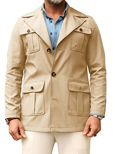 Pretifeel Mens Lightweight Safari Jacket Casual Military Button Up Multi-Pocket Cargo Coat Outwear2